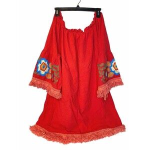 Velvera Red Off The Shoulder, Otomi, Embroidered Fiesta Dress, 3XL